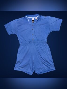 Vintage 80s-90s Basic Essentials Blue Short-Sleeve Polo Romper Women’s Small